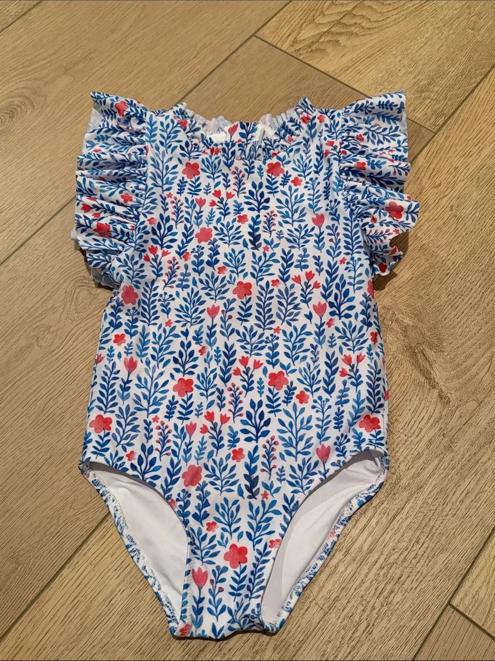 Girls Floral Blue and Pink Ruffle-Sleeve One-Piece Swim